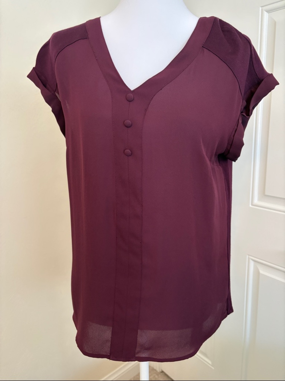 V-Neck Short Sleeve Blouse in Berry